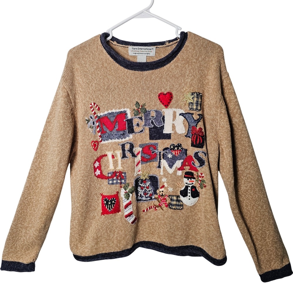 Tiara International Womens Merry Christmas Sweater L Tan Vintage Holiday Kitsch